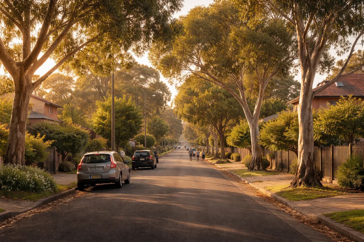 A quiet Melbourne suburban street in warm morning light